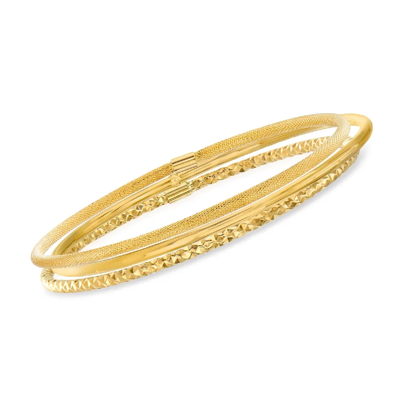 Flash Sale On Stunning Jewelry – Don't Miss Out Ross-Simons Italian 14kt Yellow Gold Multi-Finish Jewelry Set: 3 Bangle Bracelets