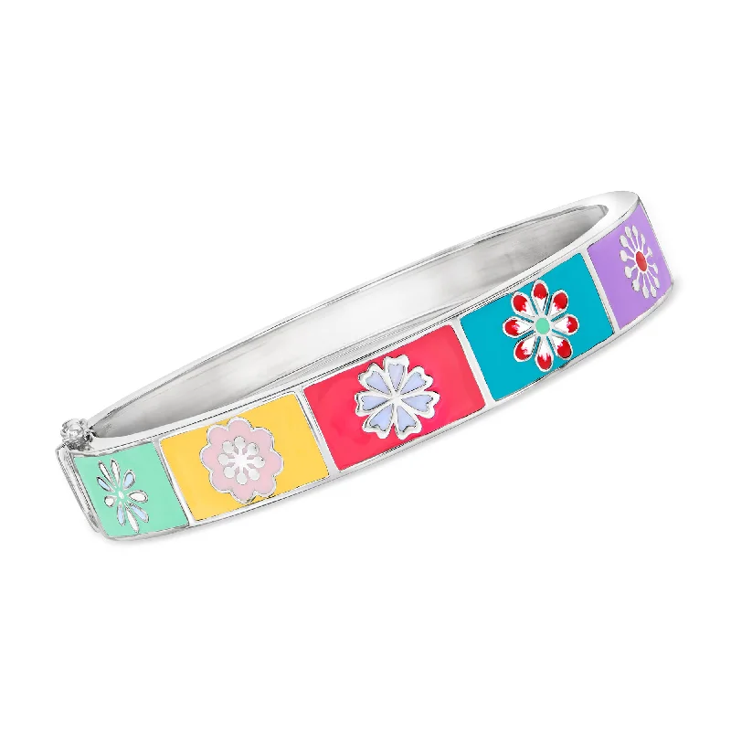 Luxury Jewelry At Unbeatable Discounts Ross-Simons Multicolored Enamel Floral Patchwork Bangle Bracelet in Sterling Silver