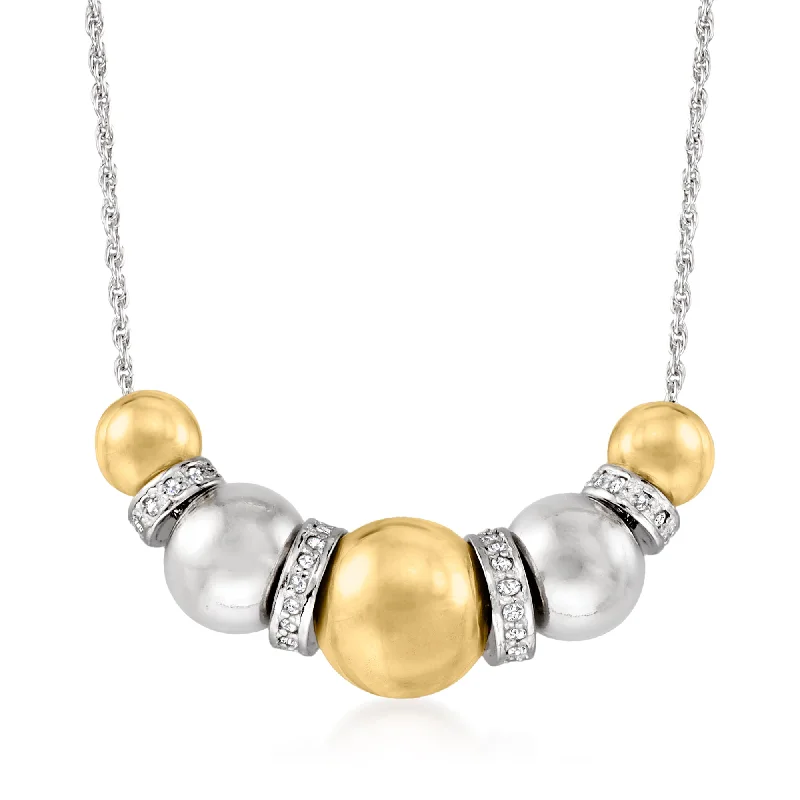 Ross-Simons Sterling Silver and 14kt Yellow Gold Bead Necklace With . Diamonds