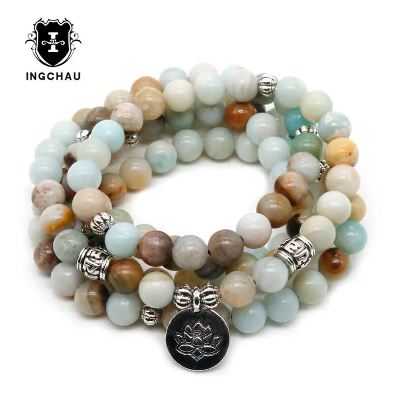 Vintage Buddhism 108 Beads Mala Bracelet or Necklace Amazonite Mantra Lotus Bracelets