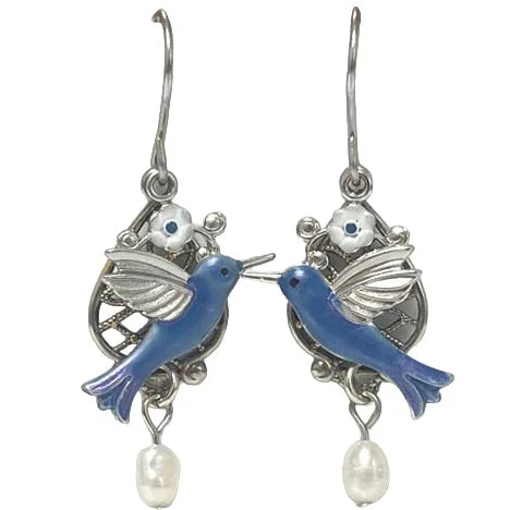 Silver Forest Blue Hummingbirds on Filigree Earrings