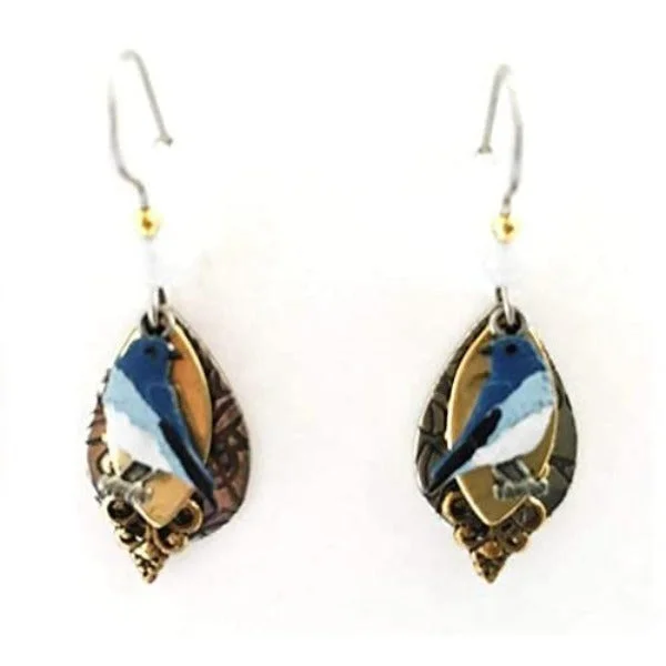 Silver Forest Bluebird on Layered Shapes Earrings