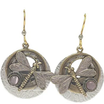 Silver Forest Dragonfly Round Circle Earrings