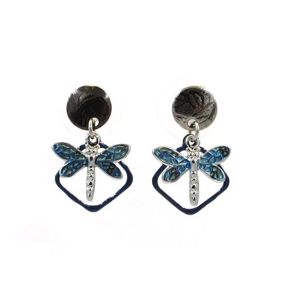 Silver Forest Earrings Silver Black with Blue Dragonfly on Open Diamond