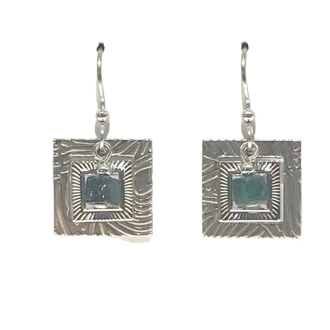 Silver Forest Square in Square with Jade Cube Earrings