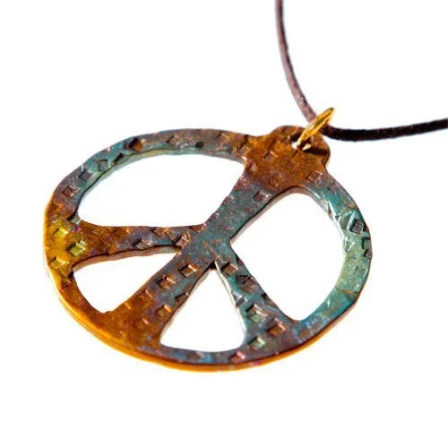 Fashion-Forward Jewelry At Incredible Prices Hand Hammered Bold Peace Symbol Iridescent Pendant Necklace on Adjustable Natural Fiber Cord Fashion-Forward Jewelry At Incredible Prices Hand Hammered Bold Peace Symbol Iridescent Pendant Necklace on Adjustable Natural Fiber Cord