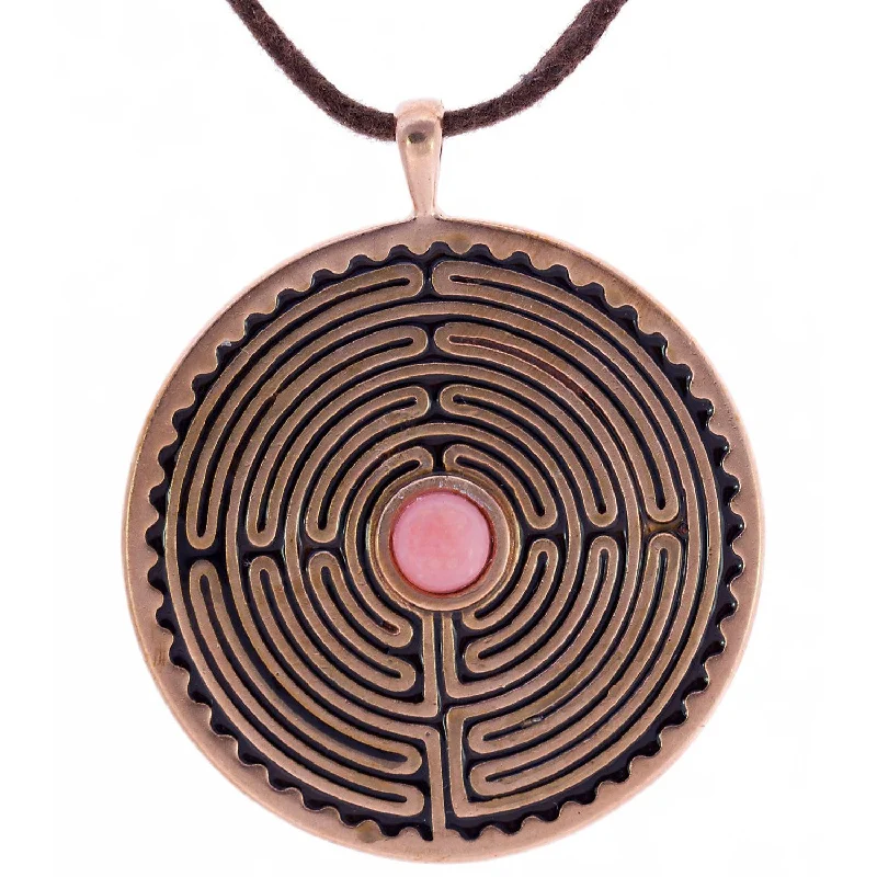 Chic, Trendy, And Affordable Jewelry Sale Labyrinth Peace Bronze Pendant Necklace with 6mm Pink Opal Gemstone on Adjustable Natural Fiber Cord Chic, Trendy, And Affordable Jewelry Sale Labyrinth Peace Bronze Pendant Necklace with 6mm Pink Opal Gemstone on Adjustable Natural Fiber Cord
