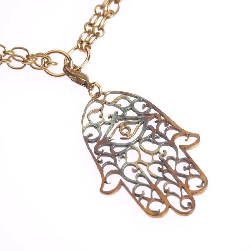 Trending Jewelry Styles Now At Limited-Time Discounts Hamsa Large Iridescent Pendant Necklace on 18-36" Antiqued Brass Cable Chain Trending Jewelry Styles Now At Limited-Time Discounts Hamsa Large Iridescent Pendant Necklace on 18-36" Antiqued Brass Cable Chain
