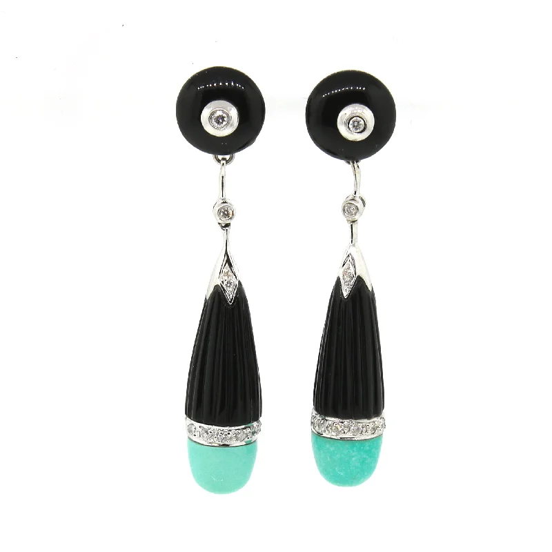 Limited-Stock Jewelry Sale – Once It's Gone, It's Gone Deco Style Diamond, Onyx and Turquoise Drop Earrings Limited-Stock Jewelry Sale – Once It's Gone, It's Gone Deco Style Diamond, Onyx and Turquoise Drop Earrings