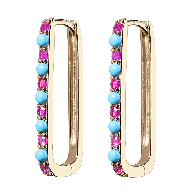 Exclusive Gemstone Jewelry At Special Prices Turquoise & Pink Sapphire Large Paperclip Hoop Earring Exclusive Gemstone Jewelry At Special Prices Turquoise & Pink Sapphire Large Paperclip Hoop Earring