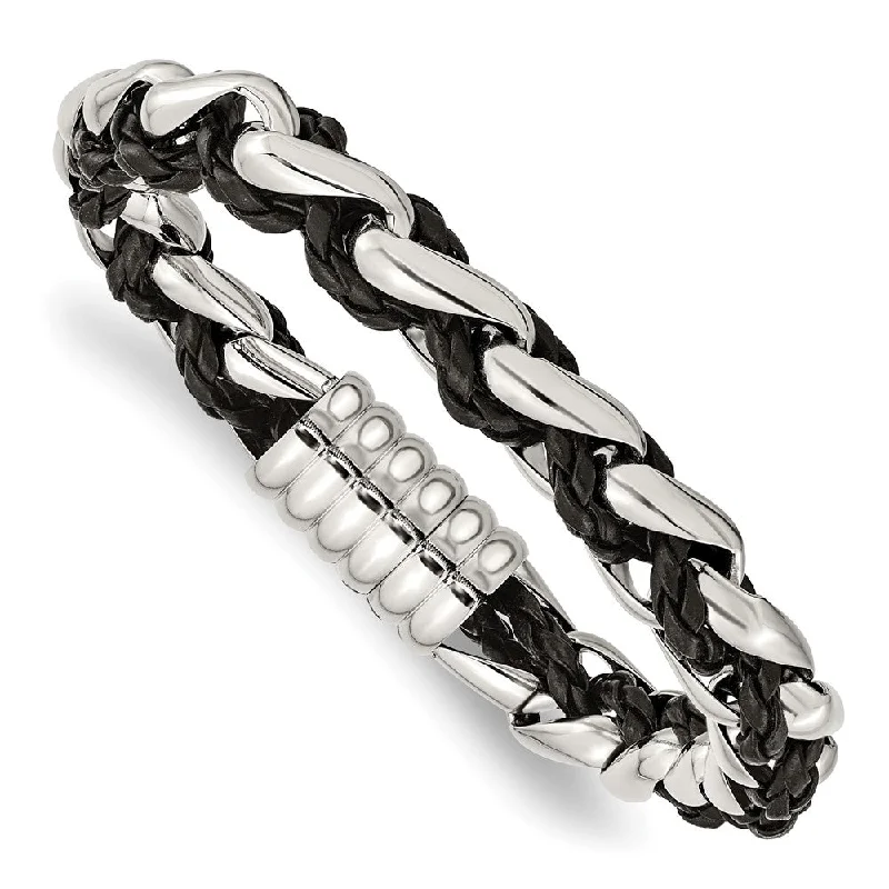 Limited-Time Jewelry Sale – Don't Miss These Deals 10.75mm Stainless Steel & Black Leather Polished Link Bracelet, 8.5 In Limited-Time Jewelry Sale – Don't Miss These Deals 10.75mm Stainless Steel & Black Leather Polished Link Bracelet, 8.5 In