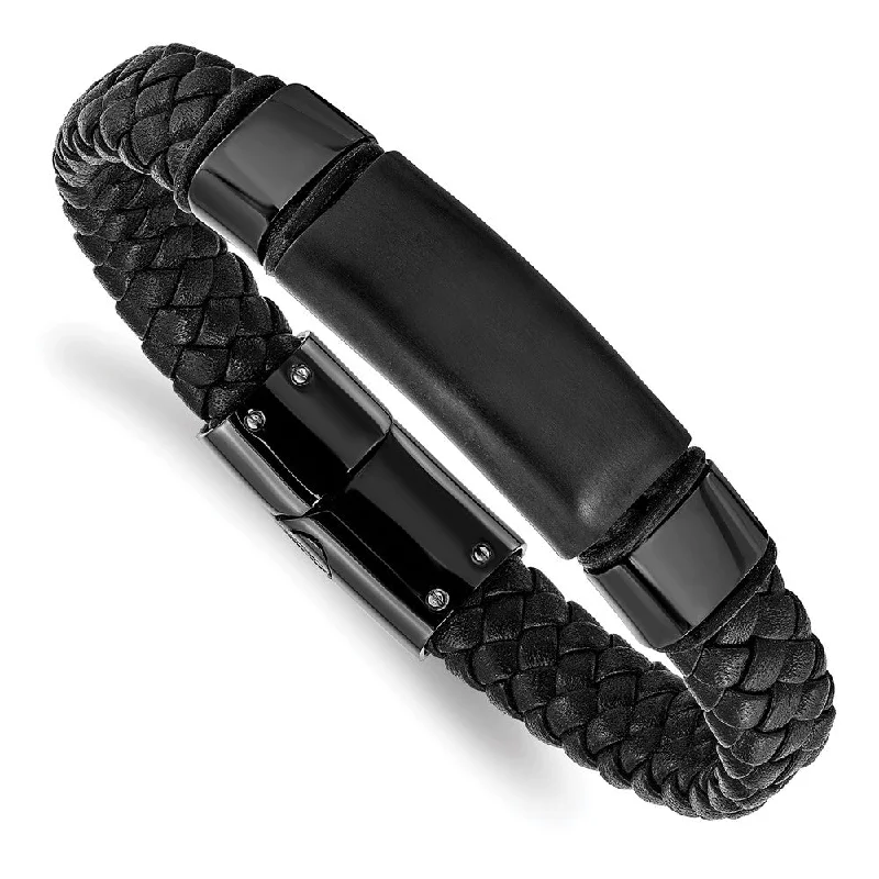 Flash Sale On Stunning Jewelry – Don't Miss Out 10mm Black Plated Stainless Steel Black Leather I.D. Bracelet, 8.25 In Flash Sale On Stunning Jewelry – Don't Miss Out 10mm Black Plated Stainless Steel Black Leather I.D. Bracelet, 8.25 In