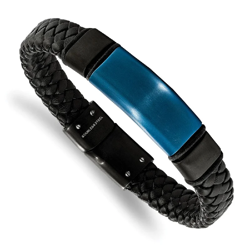 Fashion-Forward Jewelry At Incredible Prices 10mm Blk/Blue Plated Stainless Steel Blk Leather I.D. Bracelet 8.25 In Fashion-Forward Jewelry At Incredible Prices 10mm Blk/Blue Plated Stainless Steel Blk Leather I.D. Bracelet 8.25 In