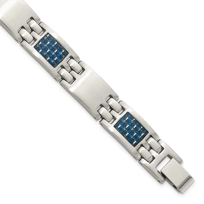 Fine Jewelry, Limited-Time Offers Available 10mm Brushed Stainless Steel & Blue Carbon Fiber Link Bracelet, 8.5 In