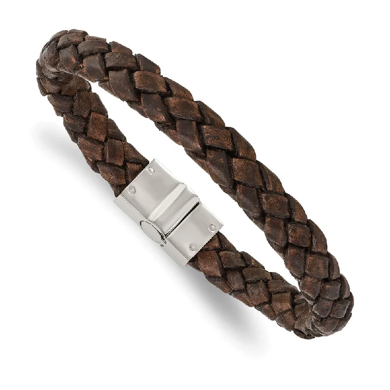 Unmissable Jewelry Clearance – Final Reductions 10mm Stainless Steel Distressed Brown Leather Woven Bracelet, 8.75 In Unmissable Jewelry Clearance – Final Reductions 10mm Stainless Steel Distressed Brown Leather Woven Bracelet, 8.75 In