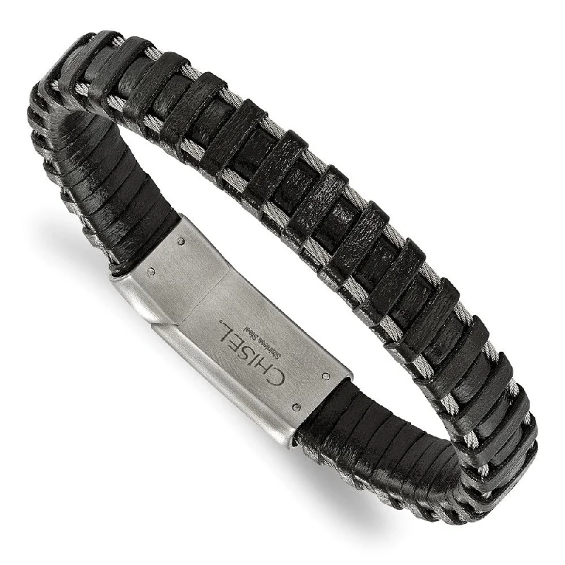 Affordable Glamour – Premium Jewelry For Less 11.5mm Stainless Steel Brushed Cable & Black Leather Bracelet, 8.5 In Affordable Glamour – Premium Jewelry For Less 11.5mm Stainless Steel Brushed Cable & Black Leather Bracelet, 8.5 In