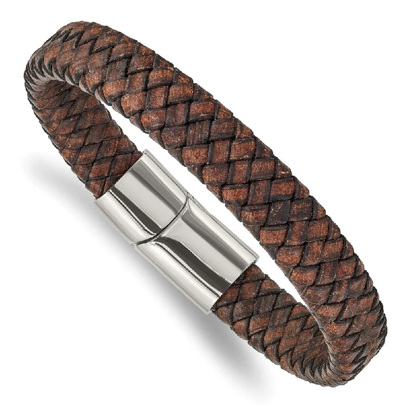 Elegant Jewelry Pieces At Unbelievable Prices 11.5mm Stainless Steel Distressed Brown Leather Bracelet, 8.5 Inch Elegant Jewelry Pieces At Unbelievable Prices 11.5mm Stainless Steel Distressed Brown Leather Bracelet, 8.5 Inch