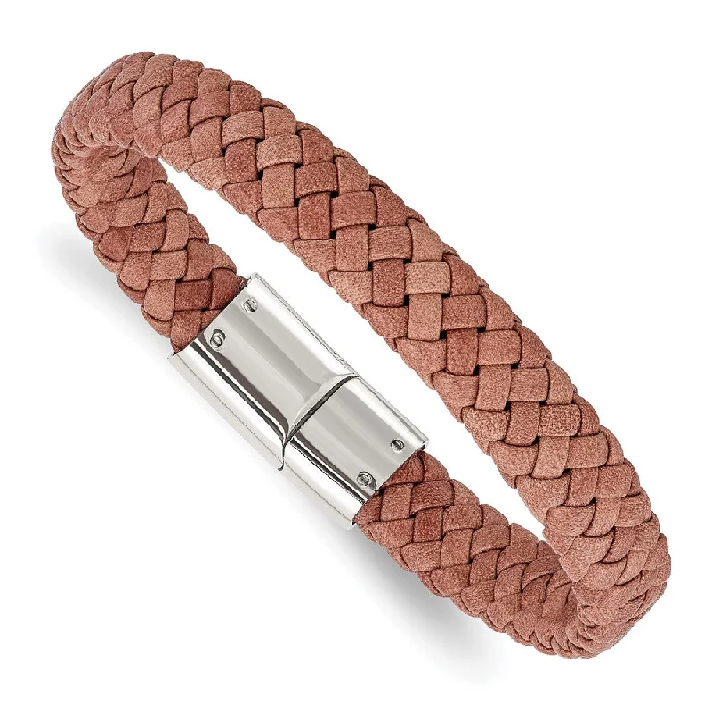 Timeless Jewelry, Timeless Savings – Don't Wait 11.5mm Stainless Steel & Light Brown Leather Braided Bracelet, 8.25 In Timeless Jewelry, Timeless Savings – Don't Wait 11.5mm Stainless Steel & Light Brown Leather Braided Bracelet, 8.25 In