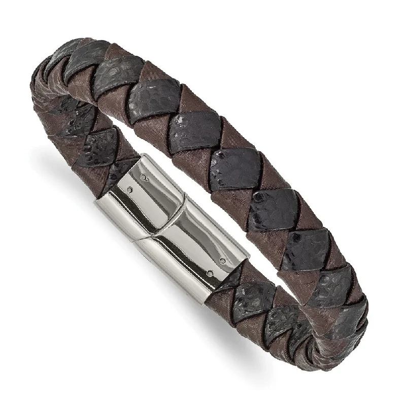 Handcrafted Jewelry Sale – Unique Designs At Low Prices 11.5mm Stainless Steel Textured Black & Brown Leather Bracelet, 8 Inch Handcrafted Jewelry Sale – Unique Designs At Low Prices 11.5mm Stainless Steel Textured Black & Brown Leather Bracelet, 8 Inch