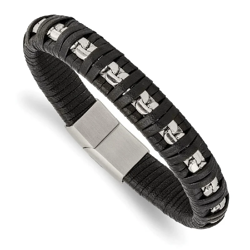 Jewelry Sale Alert – Shop Timeless Elegance Today 11mm Stainless Steel & Black Leather Polished Chain Bracelet, 8.25 In Jewelry Sale Alert – Shop Timeless Elegance Today 11mm Stainless Steel & Black Leather Polished Chain Bracelet, 8.25 In