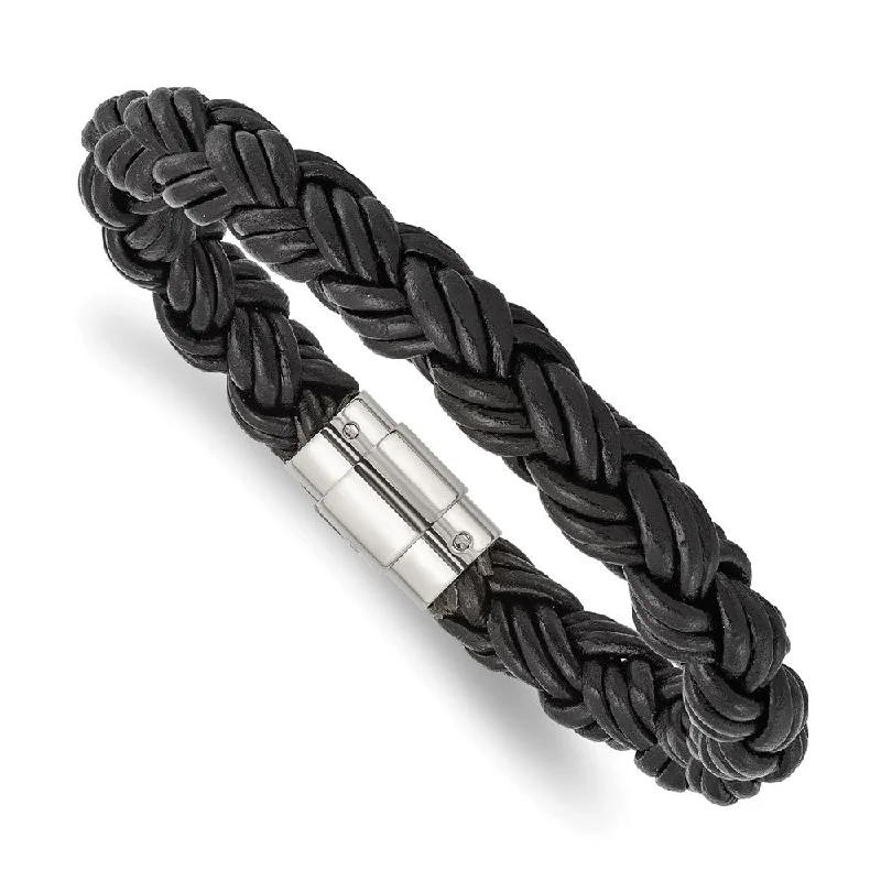Bohemian-Inspired Jewelry For Free-Spirited Fashion 11mm Stainless Steel & Black Leather Triple Braided Bracelet, 8.5 Inch Bohemian-Inspired Jewelry For Free-Spirited Fashion 11mm Stainless Steel & Black Leather Triple Braided Bracelet, 8.5 Inch