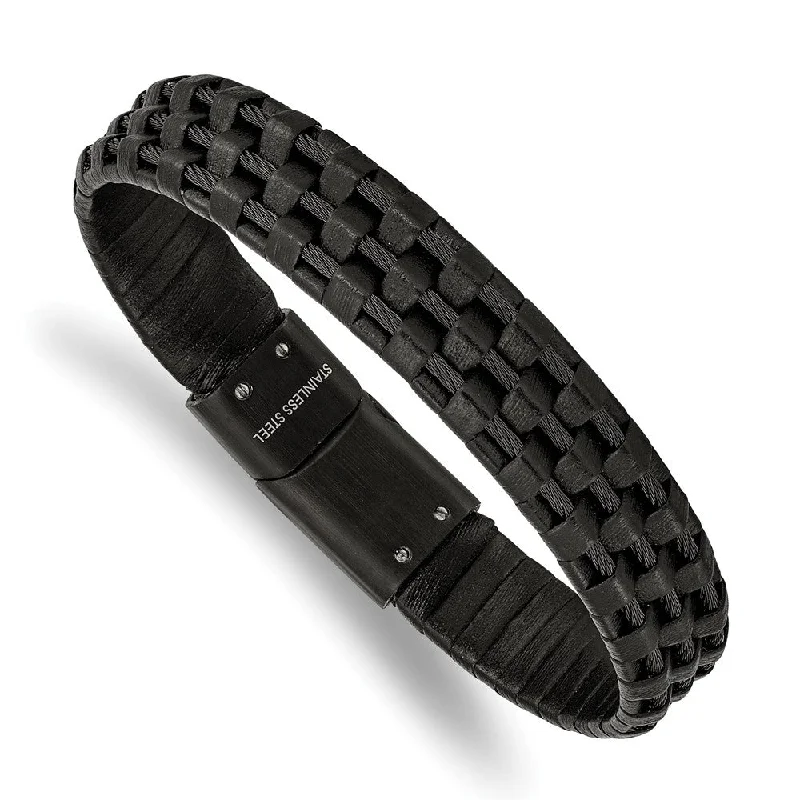 Shop Handcrafted Jewelry At Special Promotional Rates 12.3mm Black Plated Stainless Steel, Leather & Wire Bracelet, 8.25 In Shop Handcrafted Jewelry At Special Promotional Rates 12.3mm Black Plated Stainless Steel, Leather & Wire Bracelet, 8.25 In