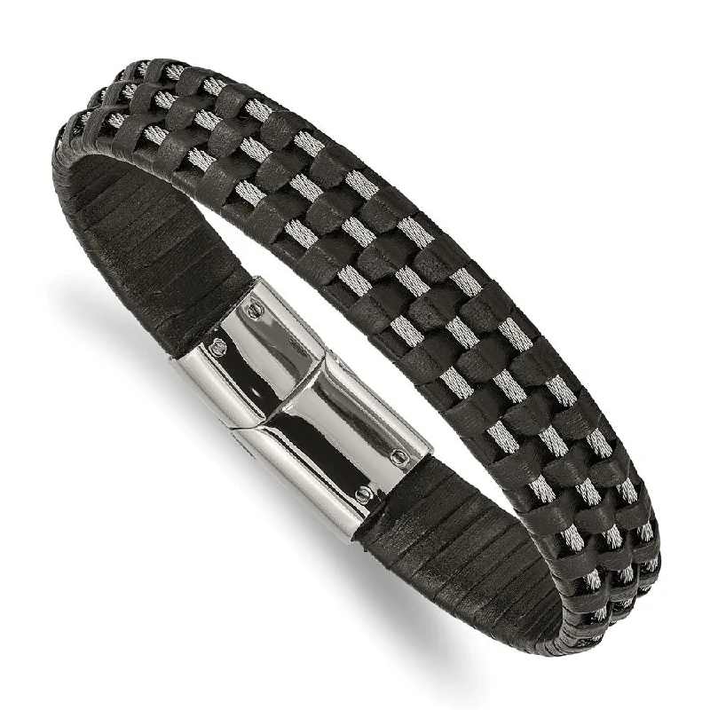 Personalized Jewelry Sale – Unique Gifts At Low Prices 12.3mm Stainless Steel Black Leather and Wire Bracelet, 8.5 Inch Personalized Jewelry Sale – Unique Gifts At Low Prices 12.3mm Stainless Steel Black Leather and Wire Bracelet, 8.5 Inch