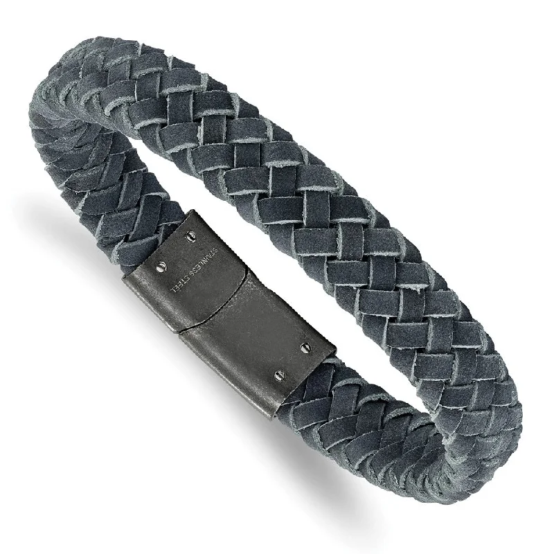 The Jewelry Sale You've Been Waiting For Is Here 12mm Antiqued Stainless Steel Gray Leather Braided Bracelet, 8.5 Inch