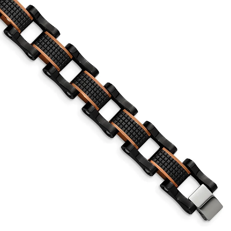 Stunning Jewelry At A Fraction Of The Price 12mm Black & Brown Plated Stainless Steel Link Bracelet, 8.25 Inch