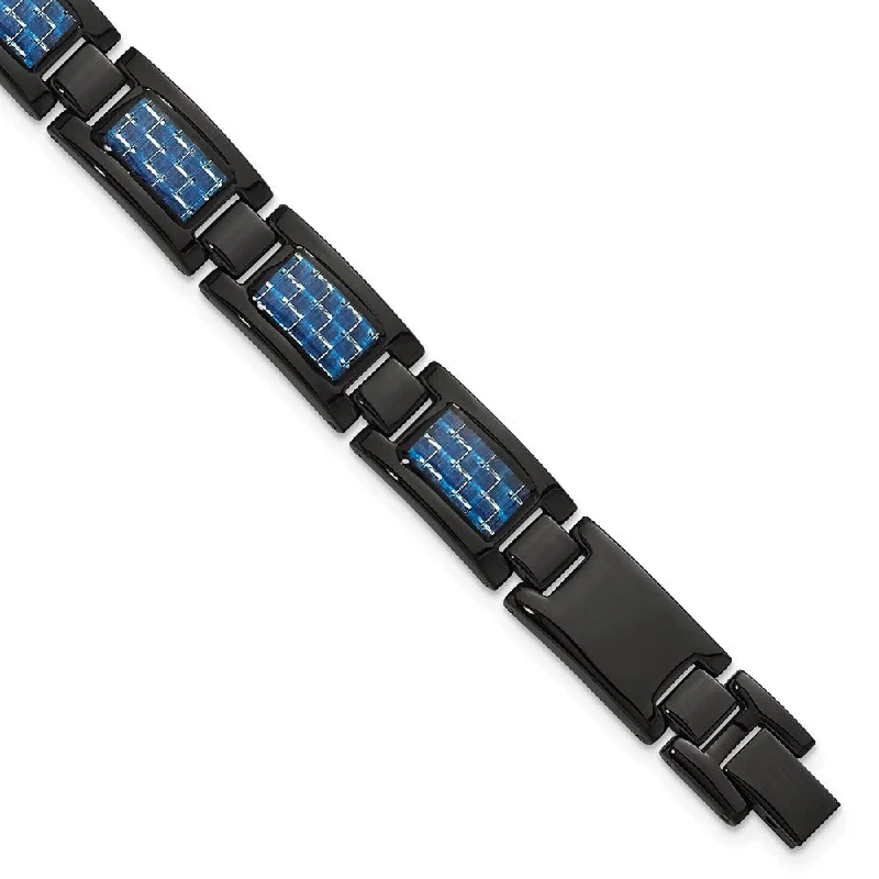 Exclusive Gemstone Jewelry At Special Prices 12mm Black Plated Stainless Steel, Blue Carbon Fiber Bracelet, 8.25 In