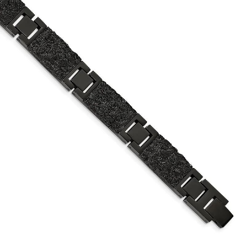 Dainty Floral Jewelry For Feminine Elegance 12mm Black Plated Stainless Steel Textured Wire Link Bracelet, 8.5 In Dainty Floral Jewelry For Feminine Elegance 12mm Black Plated Stainless Steel Textured Wire Link Bracelet, 8.5 In