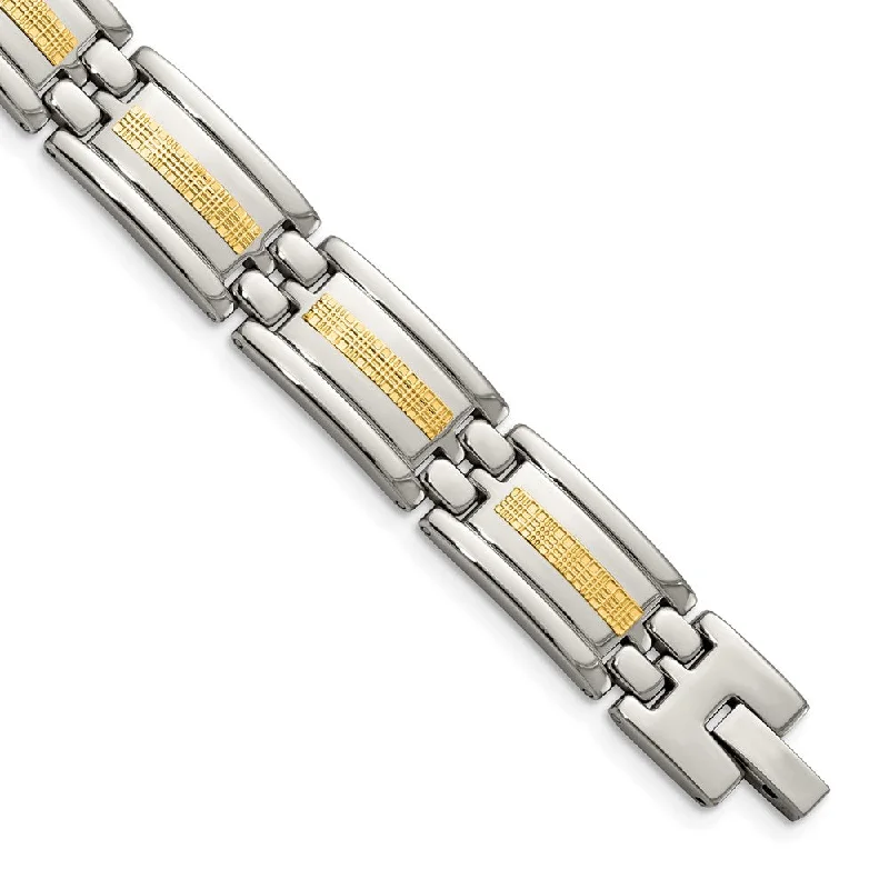 Timeless Jewelry At Special Discount Rates 12mm Stainless Steel & 14K Yellow Gold Inlay Link Bracelet, 8.75 Inch Timeless Jewelry At Special Discount Rates 12mm Stainless Steel & 14K Yellow Gold Inlay Link Bracelet, 8.75 Inch