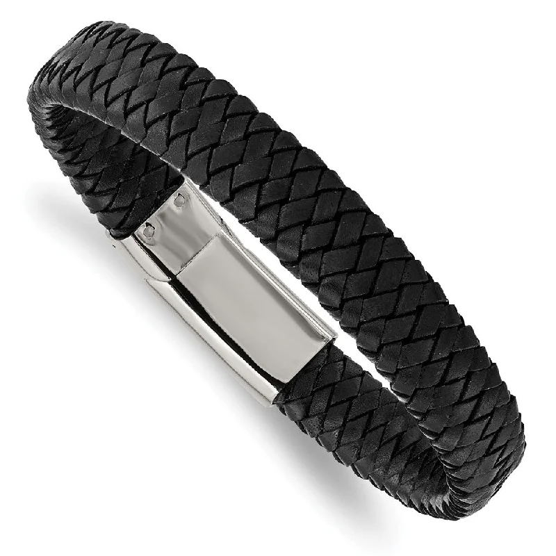 Shop Dazzling Jewelry At The Best Prices 12mm Stainless Steel Black Braided Leather Bracelet, 8.5 Inch Shop Dazzling Jewelry At The Best Prices 12mm Stainless Steel Black Braided Leather Bracelet, 8.5 Inch