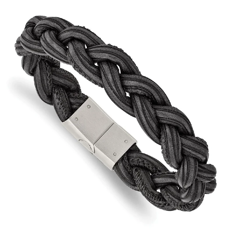 High-Quality Gemstone Jewelry For Special Occasions 12mm Stainless Steel Black & Gray Braided Leather Bracelet, 8.25 Inch High-Quality Gemstone Jewelry For Special Occasions 12mm Stainless Steel Black & Gray Braided Leather Bracelet, 8.25 Inch