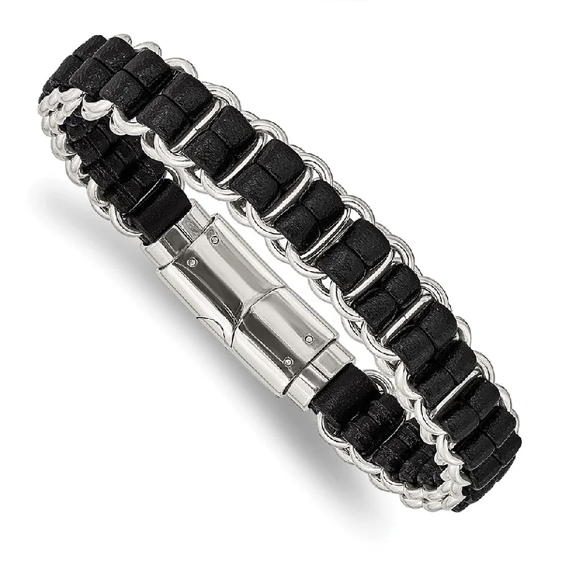 Celebrate With Sparkle – Jewelry Sale Now Live 12mm Stainless Steel & Black Leather Woven Dbl Link Bracelet, 8.5 Inch Celebrate With Sparkle – Jewelry Sale Now Live 12mm Stainless Steel & Black Leather Woven Dbl Link Bracelet, 8.5 Inch