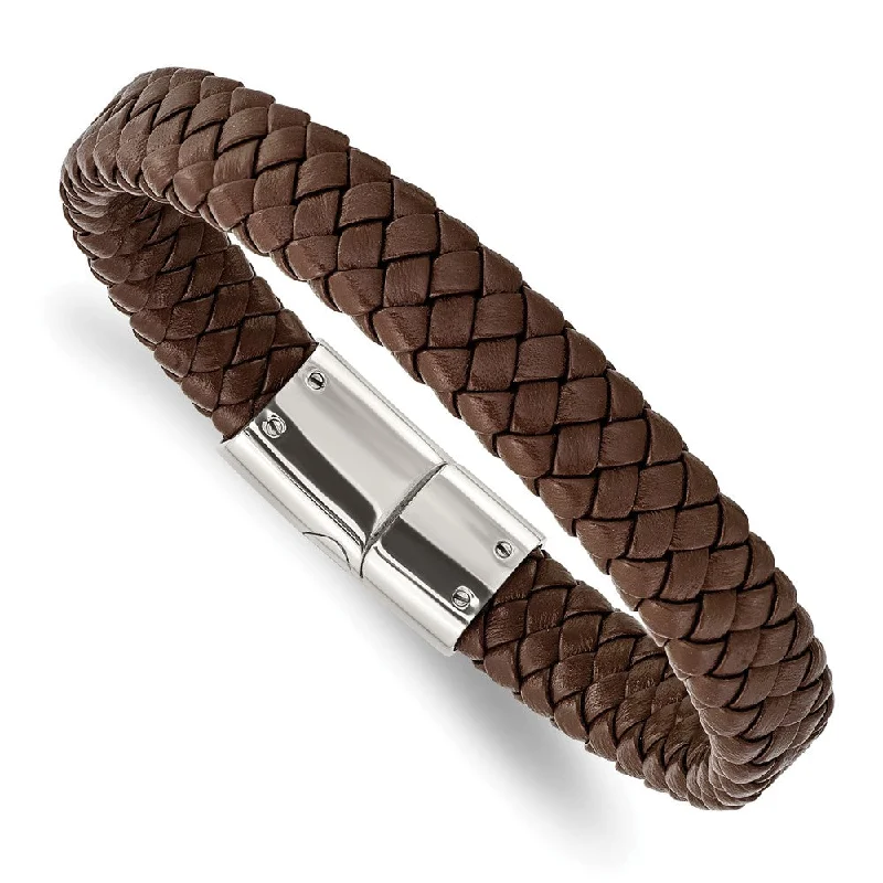 Classic And Modern Jewelry Styles On Sale 12mm Stainless Steel & Brown Leather Braided Bracelet, 8.5 Inch Classic And Modern Jewelry Styles On Sale 12mm Stainless Steel & Brown Leather Braided Bracelet, 8.5 Inch