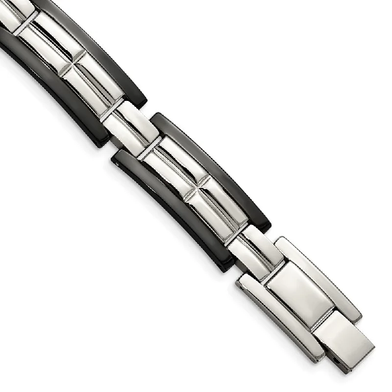 Shop Stylish Jewelry Now And Save Big 12mm Stainless Steel Polished & Black Plated Link Bracelet, 8.5 Inch