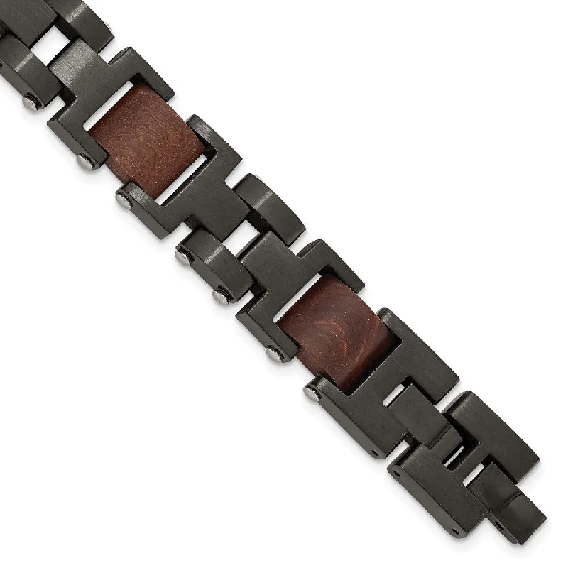 Get Your Favorite Jewelry At The Best Price 15mm Black Plated Stainless Steel & Wood Link Adj. Bracelet, 8.5 Inch