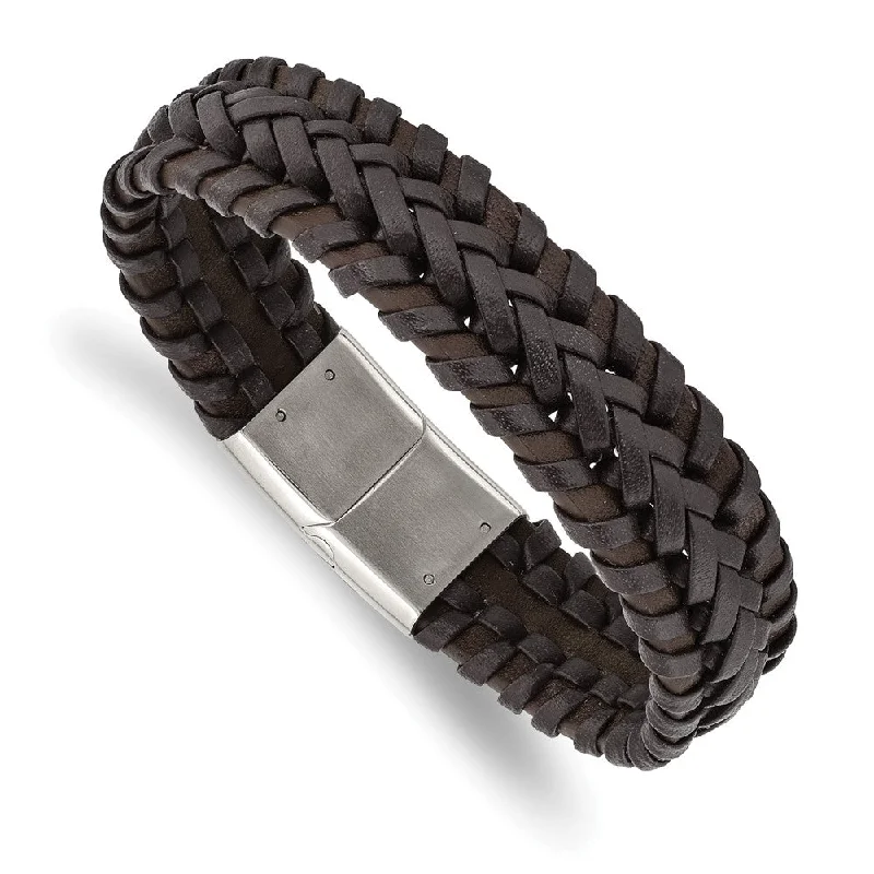 Luxury Jewelry Without The Luxury Price Tag 17.5mm Stainless Steel Two Tone Brown Leather Braided Bracelet, 8.5 In Luxury Jewelry Without The Luxury Price Tag 17.5mm Stainless Steel Two Tone Brown Leather Braided Bracelet, 8.5 In