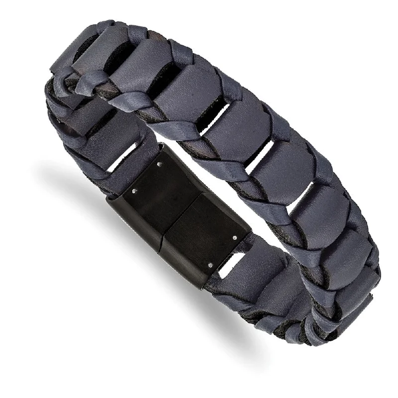 Personalized Jewelry At Special Discount Rates 17mm Black Plated Stainless Steel & Navy Blue Leather Bracelet, 8.5 In Personalized Jewelry At Special Discount Rates 17mm Black Plated Stainless Steel & Navy Blue Leather Bracelet, 8.5 In