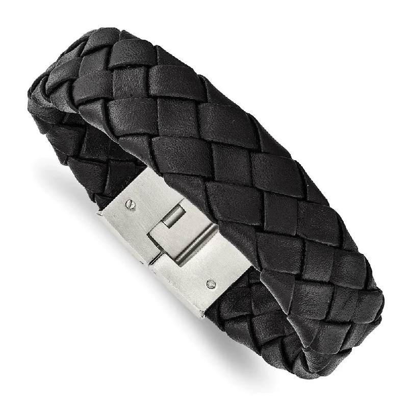Romantic Heart-Shaped Jewelry For Special Gifts 18mm Stainless Steel & Black Leather Woven Bracelet, 8.5 Inch Romantic Heart-Shaped Jewelry For Special Gifts 18mm Stainless Steel & Black Leather Woven Bracelet, 8.5 Inch