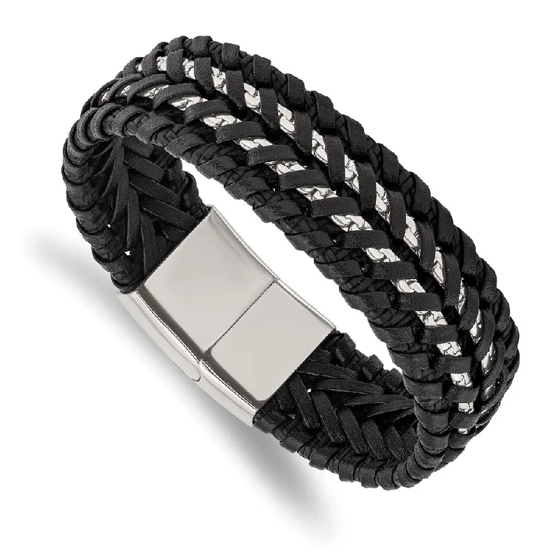 Handcrafted Beauty At Affordable Prices 20mm Stainless Steel Black Woven Leather and Chain Bracelet, 8.5 Inch Handcrafted Beauty At Affordable Prices 20mm Stainless Steel Black Woven Leather and Chain Bracelet, 8.5 Inch