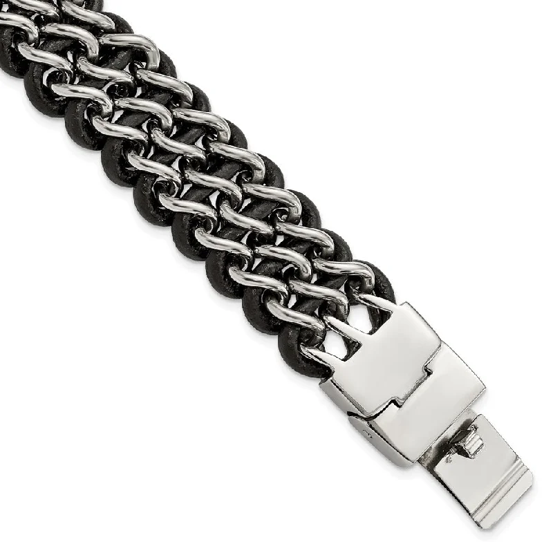 Huge Markdowns On Premium Jewelry Styles 26mm Stainless Steel & Black Leather Triple Row Bracelet, 8.75 Inch Huge Markdowns On Premium Jewelry Styles 26mm Stainless Steel & Black Leather Triple Row Bracelet, 8.75 Inch
