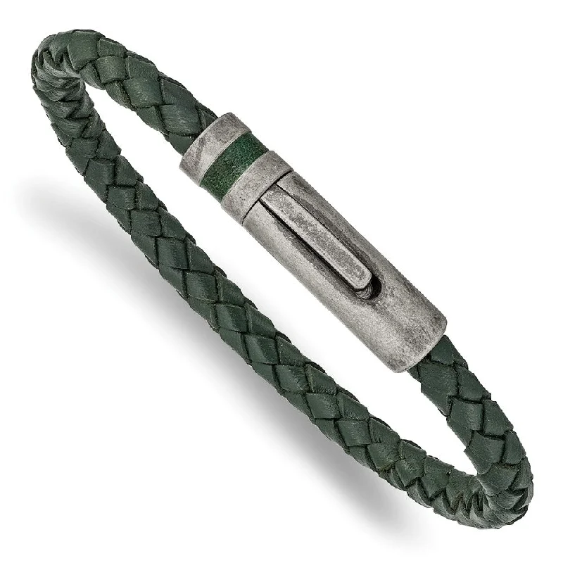 Stunning Statement Jewelry, Unbeatable Discounts 5.25mm Antiqued Stainless Steel Green Leather Woven Bracelet, 8.25 In