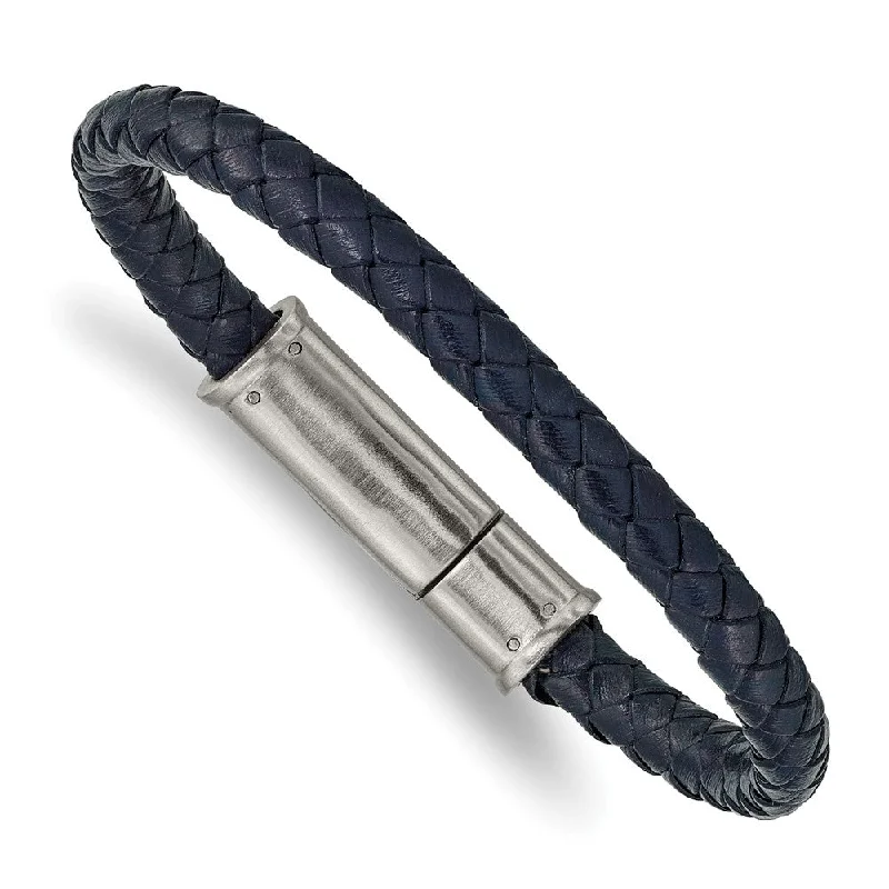 Fashion-Forward Jewelry At Incredible Prices 6.5mm Stainless Steel & Navy Blue Braided Leather Bracelet, 8.25 Inch Fashion-Forward Jewelry At Incredible Prices 6.5mm Stainless Steel & Navy Blue Braided Leather Bracelet, 8.25 Inch