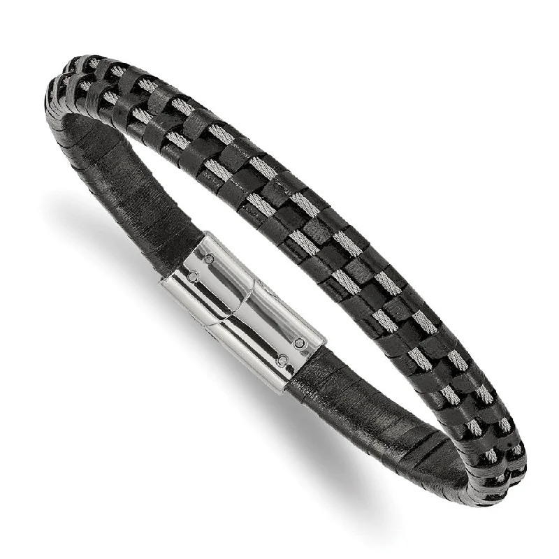 Sparkle In Style With Our Best Jewelry Deals 7.5mm Stainless Steel Cable & Black or Brown Leather Bracelet, 8.75 In Sparkle In Style With Our Best Jewelry Deals 7.5mm Stainless Steel Cable & Black or Brown Leather Bracelet, 8.75 In