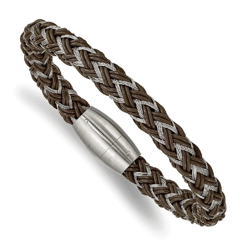 High-End Jewelry, Now More Affordable Than Ever 8mm Stainless Steel & Brown Rubber Braided Wire Bracelet, 8.5 Inch