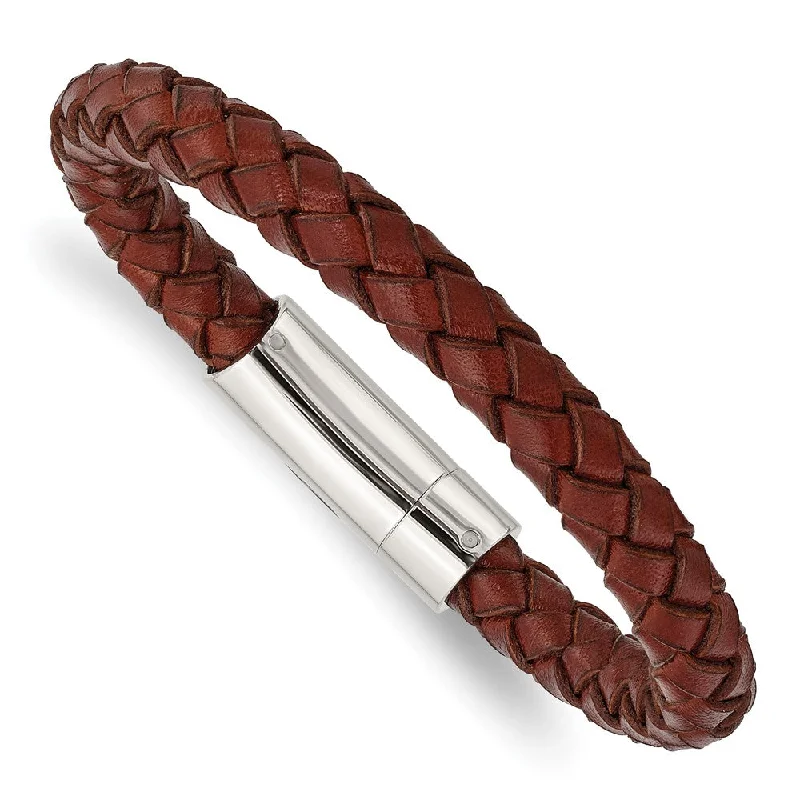 Clearance Sale On High-End Jewelry Collections 8mm Stainless Steel, Light Tan or Brown Leather Woven Bracelet, 8.5 In Clearance Sale On High-End Jewelry Collections 8mm Stainless Steel, Light Tan or Brown Leather Woven Bracelet, 8.5 In