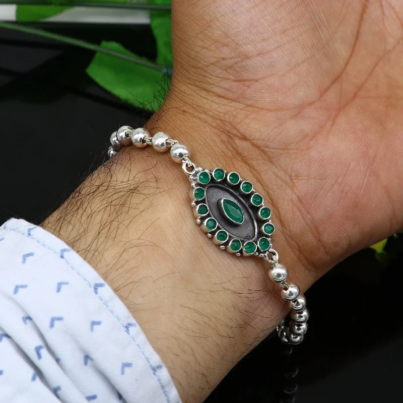 Affordable Glamour – Must-Have Jewelry At Special Rates 925 Sterling silver customized beaded bracelet with green color stone pendant. best gift for your special person unisex jewelry sbr678