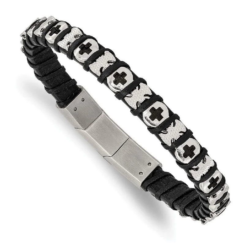 Luxury Jewelry At Unbeatable Discounts 9mm Stainless Steel & Black Leather Adjustable Cross Bracelet, 8 Inch Luxury Jewelry At Unbeatable Discounts 9mm Stainless Steel & Black Leather Adjustable Cross Bracelet, 8 Inch